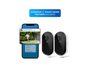 Two Essential Plug in smart security cameras shown beside a smartphone screen displaying a home security app interface, with a blue banner at the top reading '6 MONTHS OF SMART AWARE FEATURES INCLUDED' on a white background.