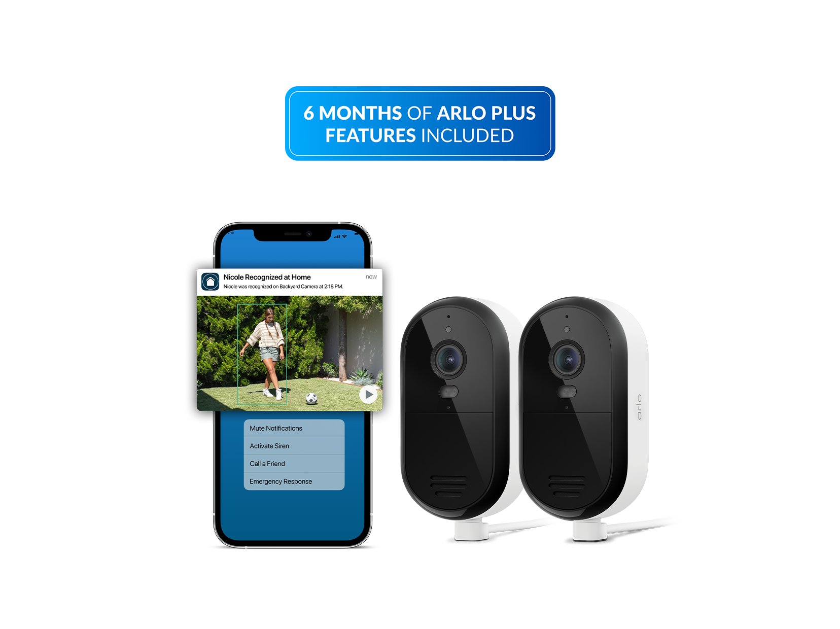 Essential Plug-in 2 Camera Kit in white with the Arlo Secure app on a phone