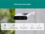 Arlo Essential Solar Security Camera mounted on a wall, with feature callouts including 2K video, high-capacity rechargeable battery, motion detection, siren and 2-way talk, and clear color night vision.