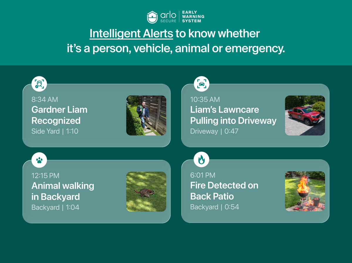 A promotional graphic for the Arlo Secure Early Warning System, showing four example alert tiles with times, text notifications, and small photos on a teal background.