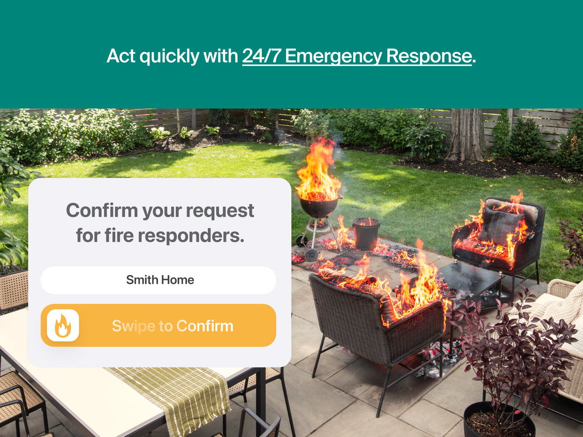 Promotional graphic for 24/7 Emergency Response showing an outdoor patio scene with multiple fires burning in chairs, a grill, and a table, plus a confirmation overlay that reads 'Confirm your request for fire responders. Smith Home' and 'Swipe to Confirm.