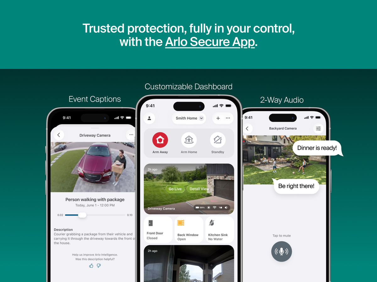 Promotional graphic for the Arlo Secure App showing three smartphone screens on a dark teal background with the headline 'Trusted protection, fully in your control, with the Arlo Secure App.' The screens demonstrate event captions, a customizable dashboard, and 2-way audio.