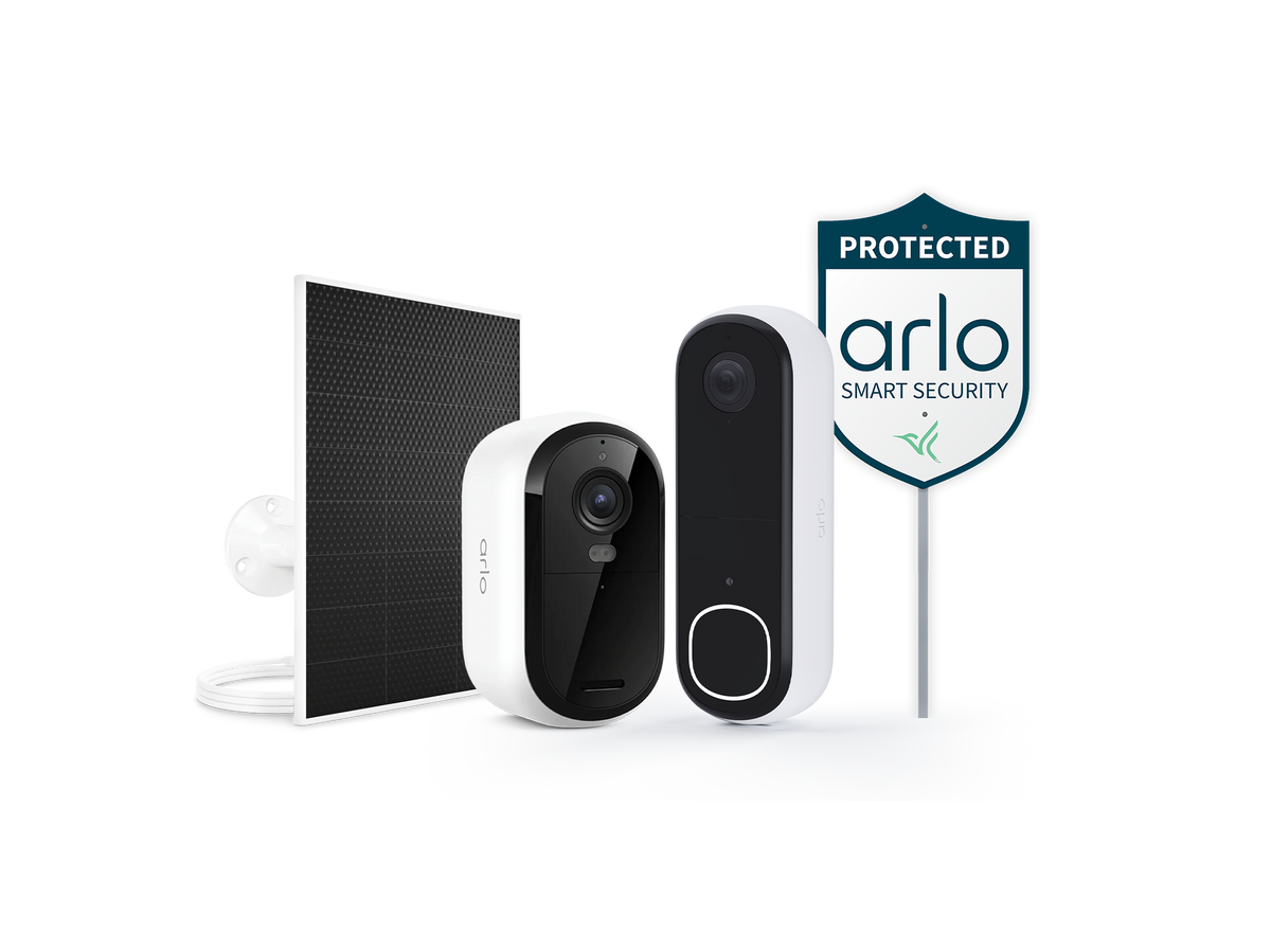 Arlo Essential 3rd Gen Camera, Arlo Video Doorbell, Arlo Universal Solar Panel Charger, and Arlo Security Yard Sign