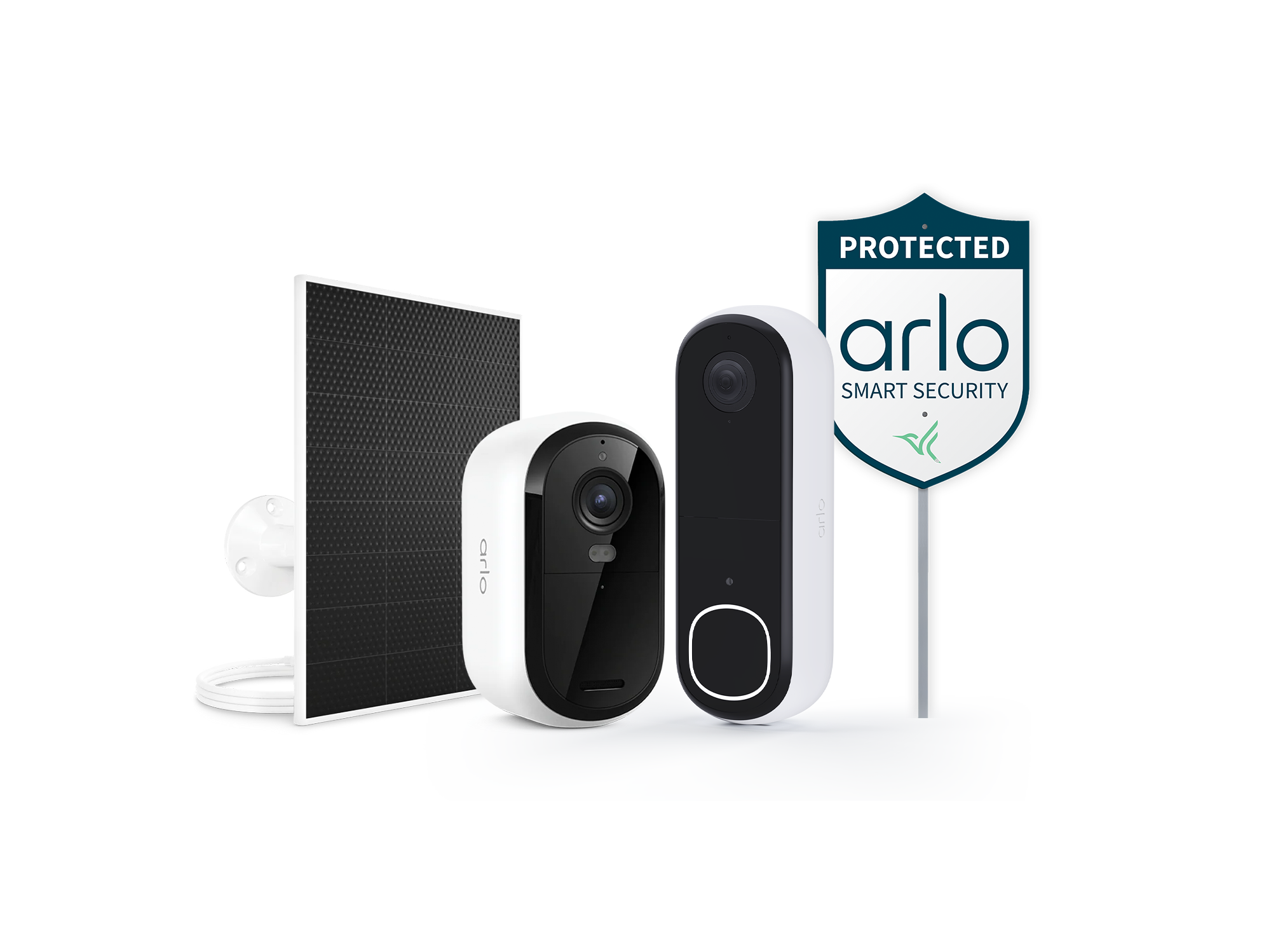 Arlo Essential 3rd Gen Camera, Arlo Video Doorbell, Arlo Universal Solar Panel Charger, and Arlo Security Yard Sign