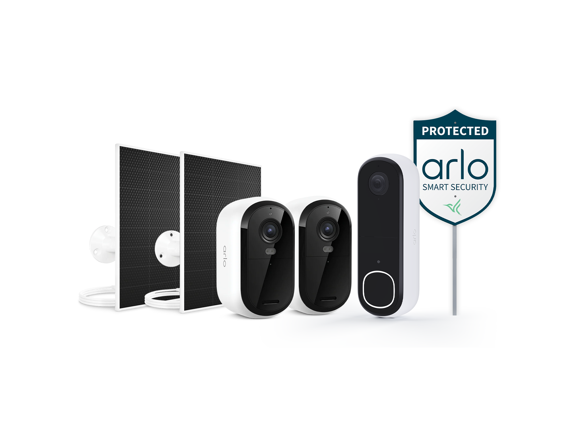 Arlo Essential 3rd Gen Outdoor 2 Camera Kit, Arlo Video Doorbell, 2 Arlo Dual Universal Solar Panel Chargers, and Arlo Security Yard Sign