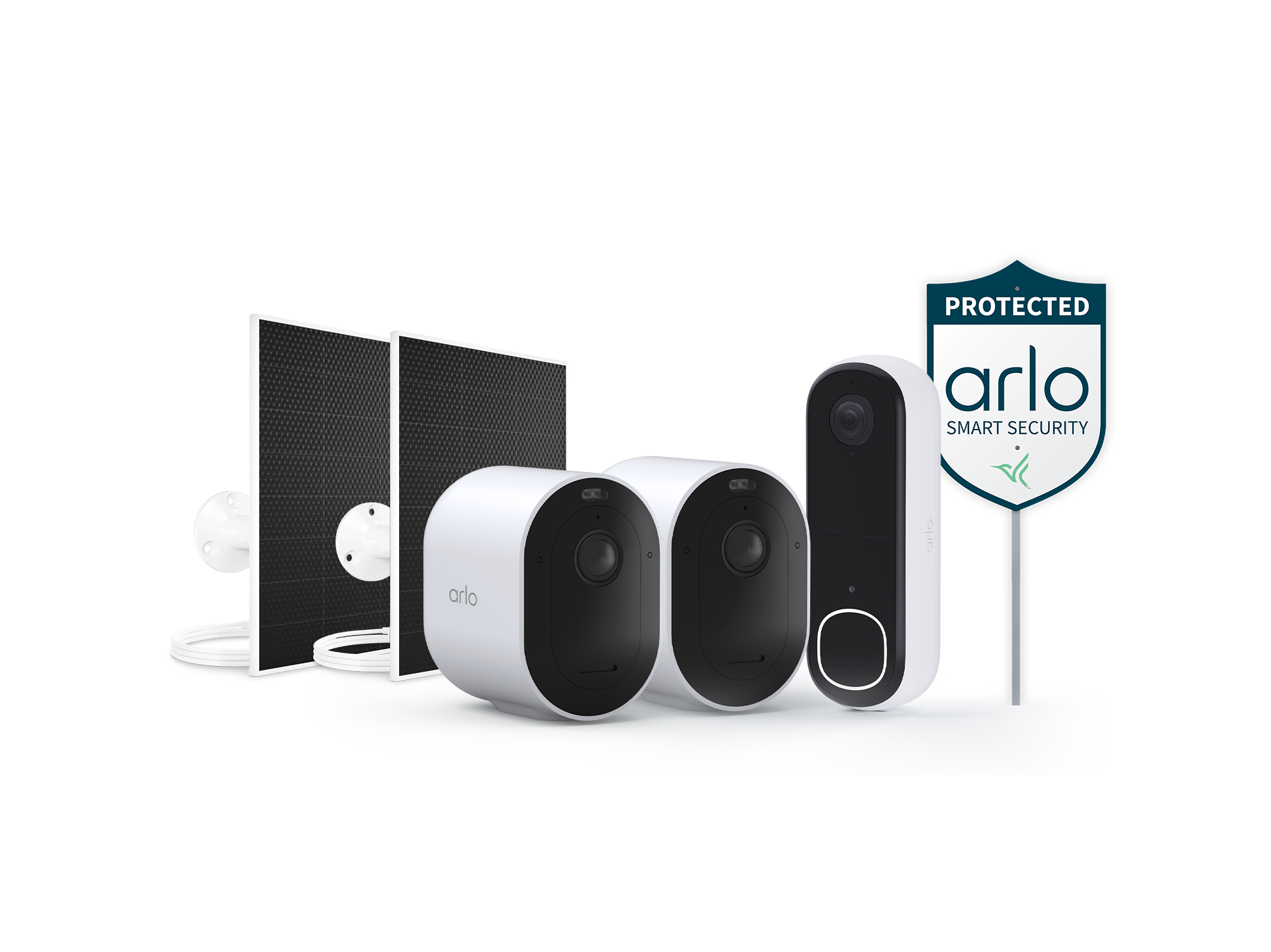 Arlo Pro 6 2 Camera Kit, Arlo Video Doorbell, 2 Arlo Dual Universal Solar Panel Chargers, and Arlo Security Yard Sign