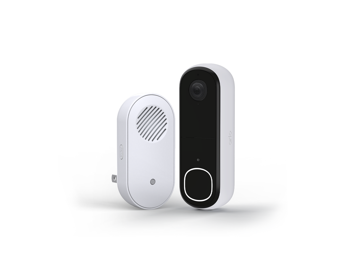 Arlo Video Doorbell and Arlo Chime 2 in white facing right and left