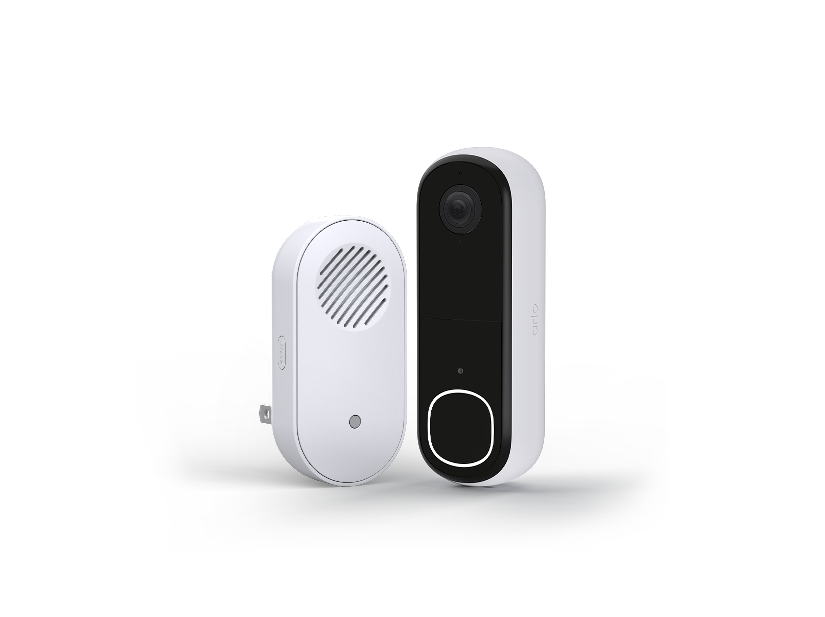 Arlo Video Doorbell and Arlo Chime 2 in white facing right and left