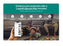 Advertisement for a security plan with a family in a living room and a hand holding a smartphone.