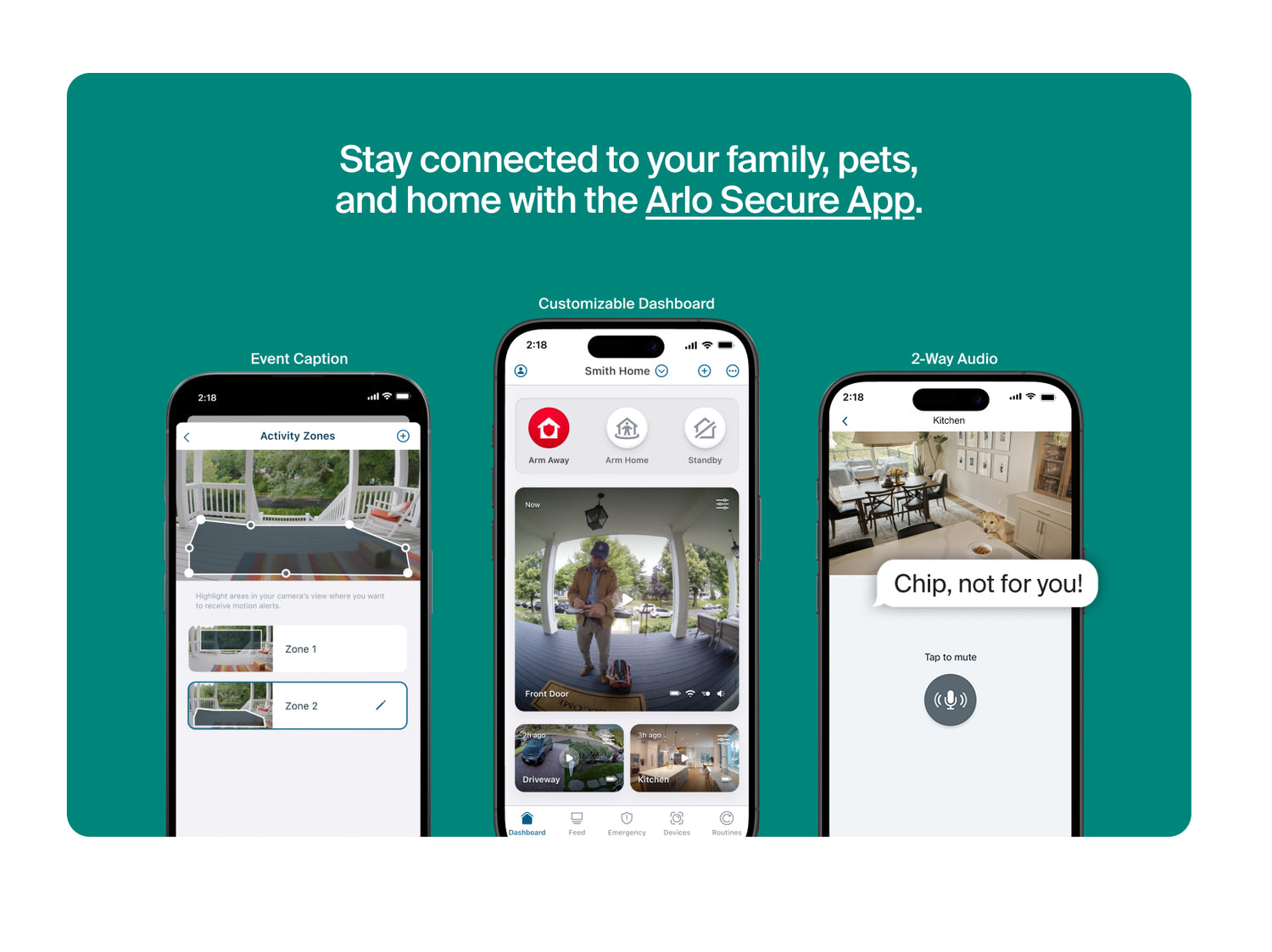 Advertisement for Arlo Secure App showing smartphone screens with app features on a teal background.