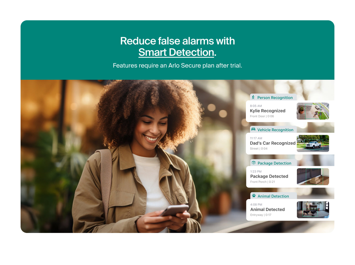 Promotional graphic for Arlo Essential Plug-In Security Camera, featuring a woman looking at her phone under a teal banner that reads 'Reduce false alarms with Smart Detection.' On the right, a vertical list shows detected events including person recognition, vehicle recognition, package detection, animal detection, and a camera motion alert, with small thumbnail images.