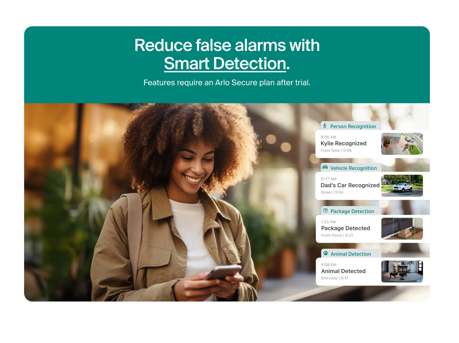 Woman using a smartphone with a screen displaying 'Reduce false alarms with Smart Detection' and Arlo security features.