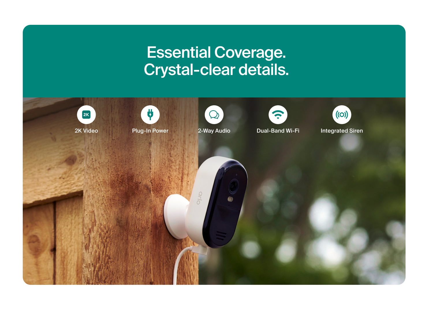 Arlo Essential Plug-In Security Camera mounted on a wooden post with feature icons and text above.