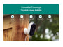 Arlo Essential Plug-In Security Camera mounted on a wooden post with feature icons and text above.