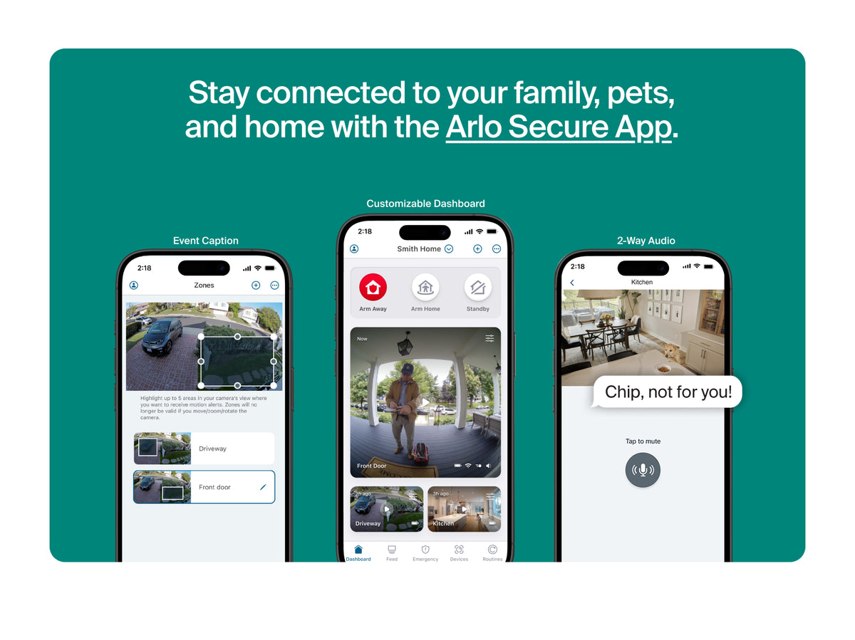 Three smartphone screens showing features of the Arlo Secure App with a green background and text.