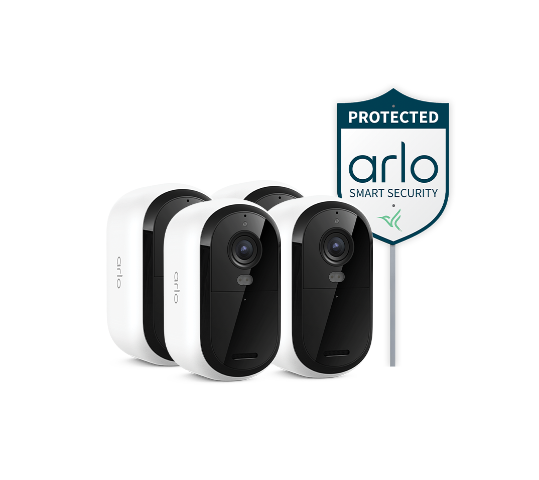 Arlo Essential 3rd Gen 4 Camera Bundle with the Arlo Security Yard Sign in white facing right