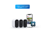 Three Essential XL 2nd Gen security cameras shown alongside a smartphone displaying a live feed and a blue badge that reads '1 YEAR OF SMART AWARE FEATURES INCLUDED' on a white background.