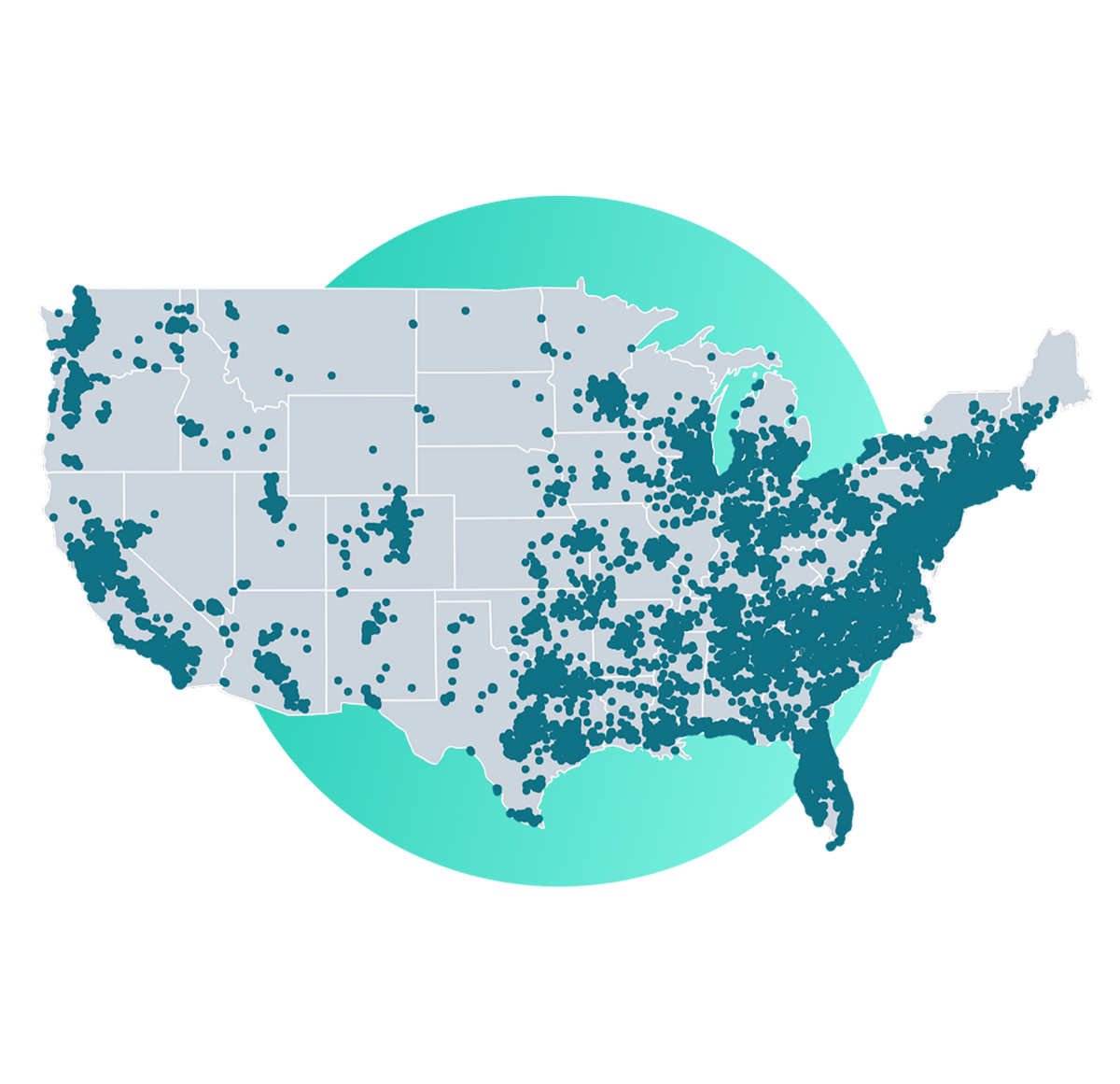 A stylized map of the United States with dark teal dots distributed across the country and a large mint-green circular backdrop on a white background.