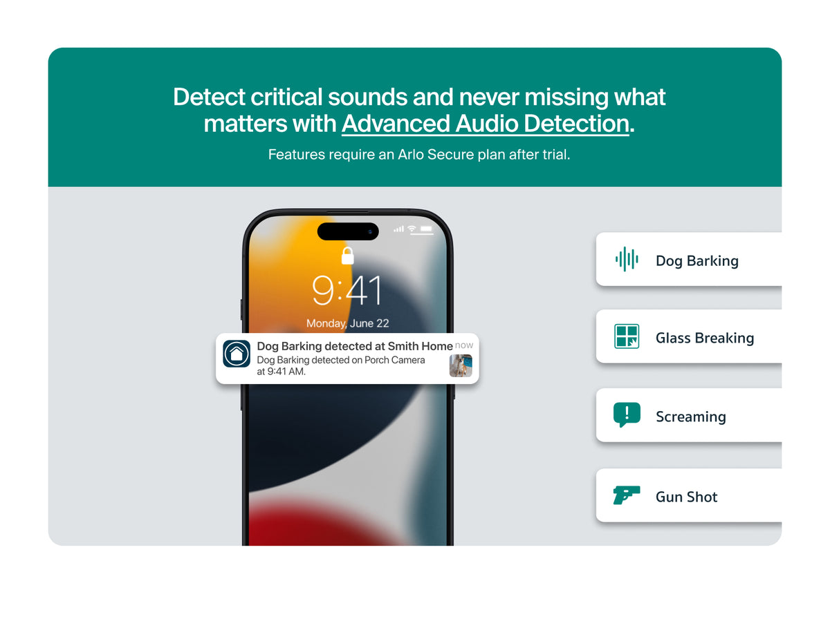 Smartphone displaying advanced audio detection Arlo Secure app with notification icons on a white background