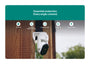 Arlo Essential Pan Tilt Security Camera on a wooden post with features listed above it.