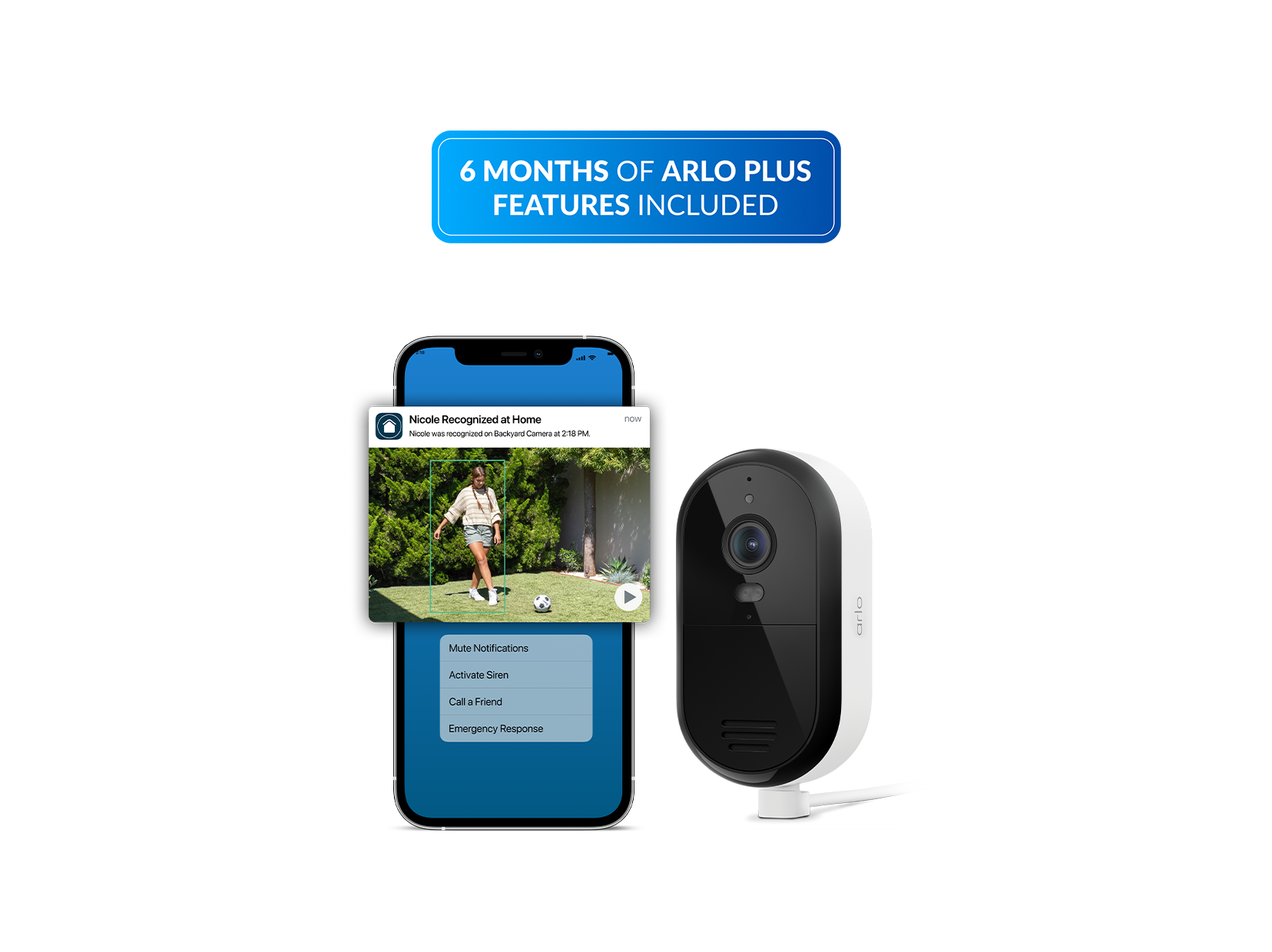 Essential Plug-in in white with the Arlo Secure app on a phone