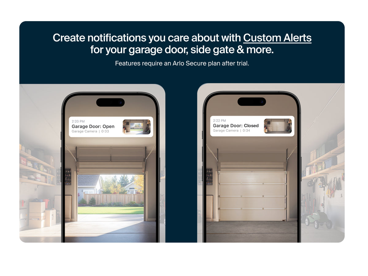 Advertisement for Arlo Secure app showing smartphone screens with garage door status updates.