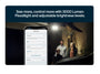 Smartphone displaying light settings on Arlo Secure app with a 3000 Lumen floodlight and adjustable brightness levels, shown in a home setting.