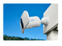 A white Wireless Floodlight mounted on a white wall bracket against a bright blue sky background.