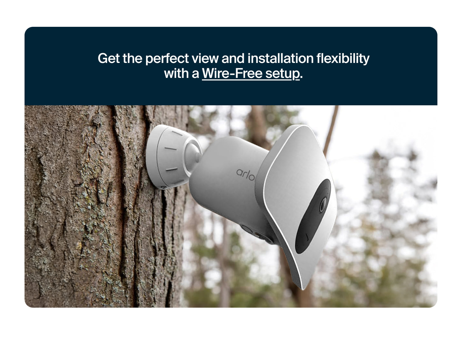 Arlo Wireless Floodlight security camera attached to a tree with promotional text about installation flexibility.