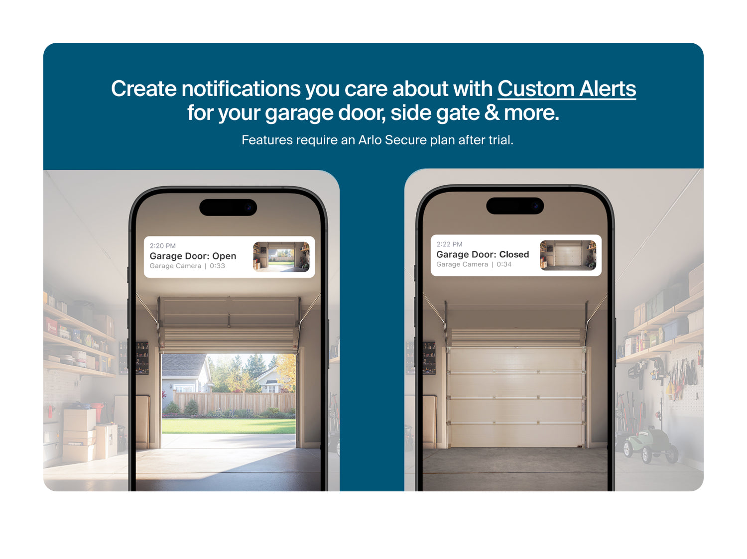 Advertisement for Arlo Secure app showing smartphone screens with garage door status updates.