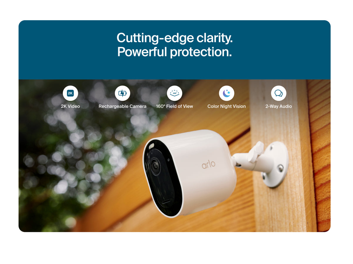 Arlo Pro Security Camera (6th Gen) with features listed on a blue banner