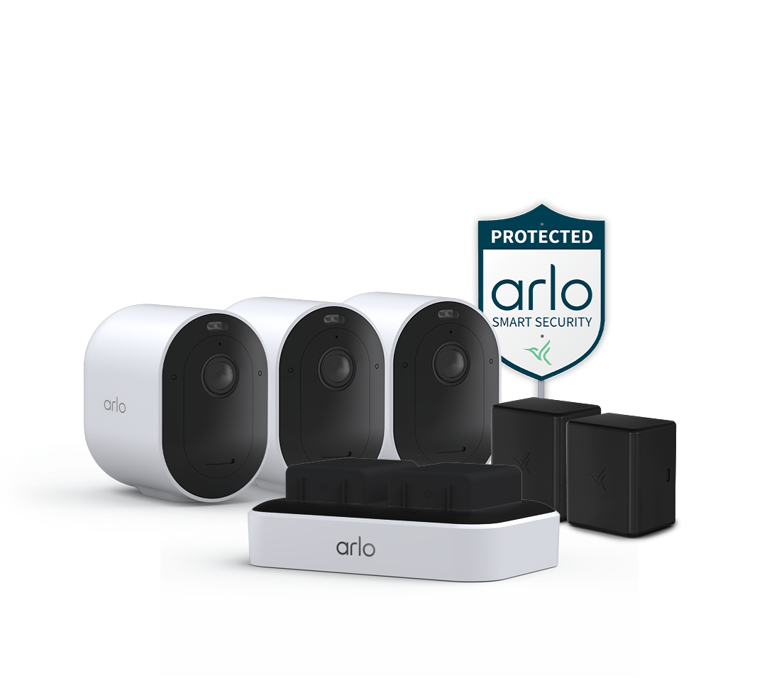 Arlo Pro 6 3 Camera Bundle with the Arlo Security Yard Sign, Arlo Dual Charging Station, and Arlo Rechargeable batteries in white facing right