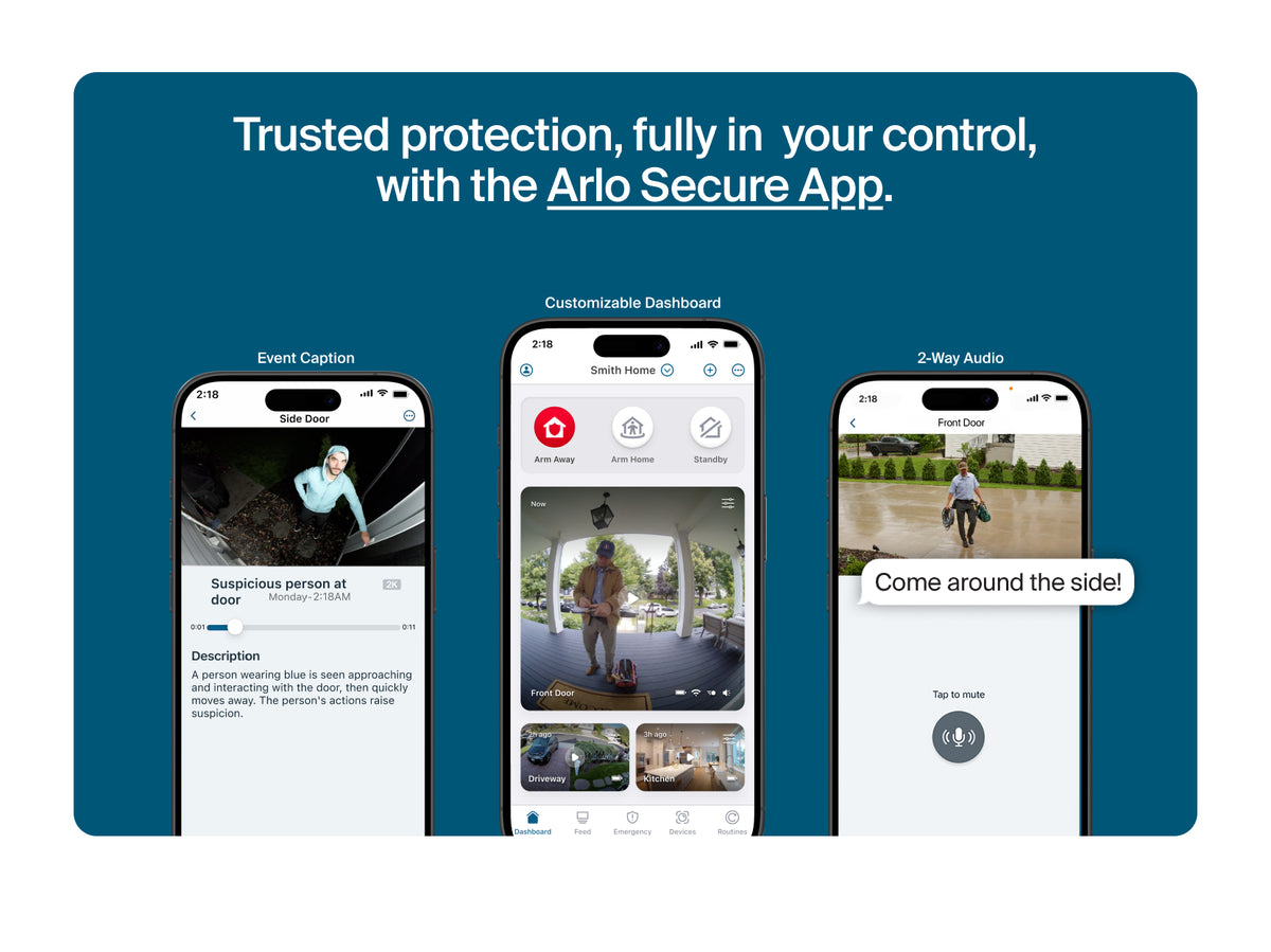 Three smartphone screens displaying features of the Arlo Secure App on a blue background with text.