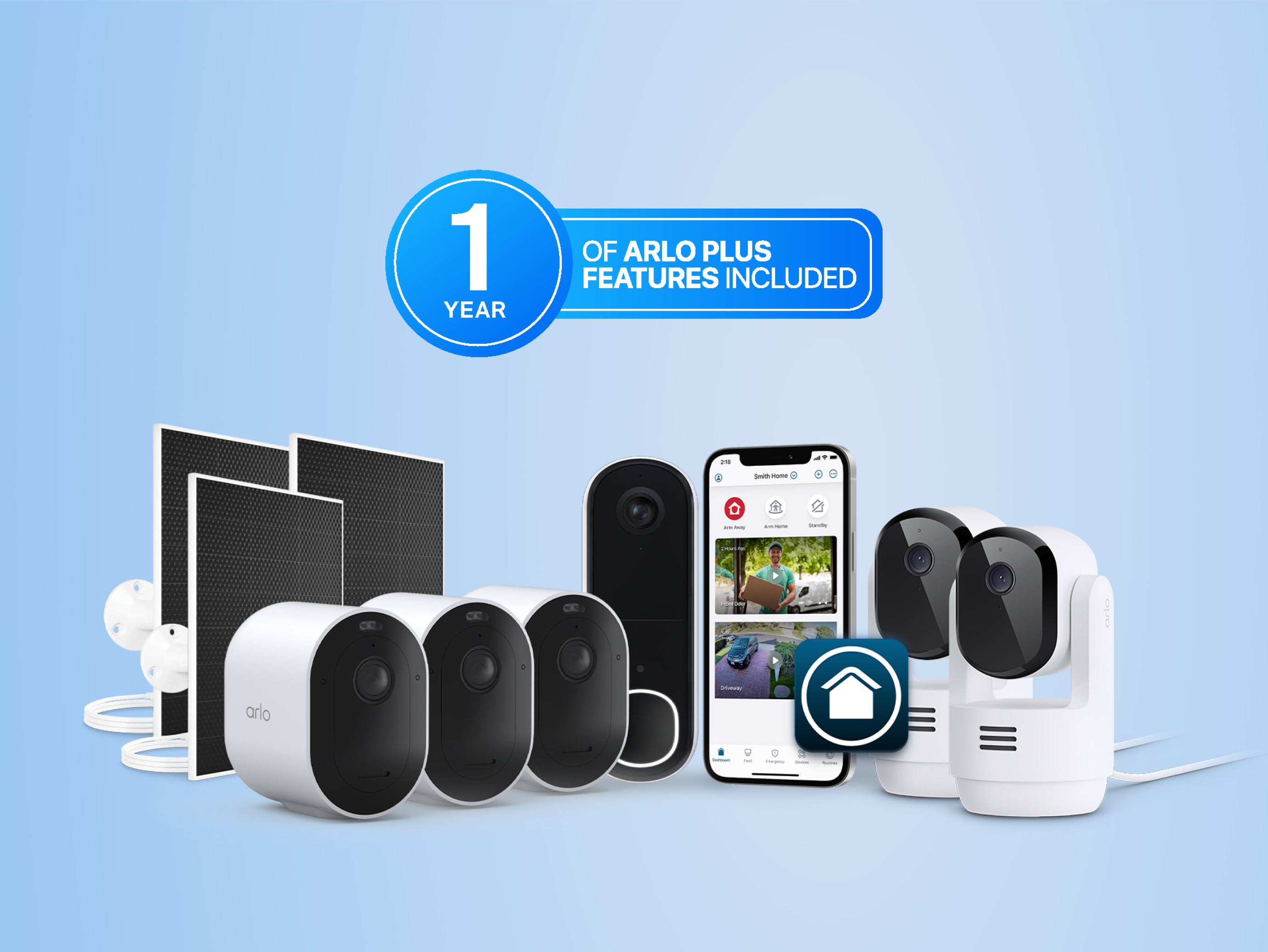 Arlo smart home security system with solar panel chargers, Essential Security Cameras (3rd Gen), Essential Pan Tilt Indoor Security cameras, Video Doorbell (2nd Gen), and a smartphone app on a blue background