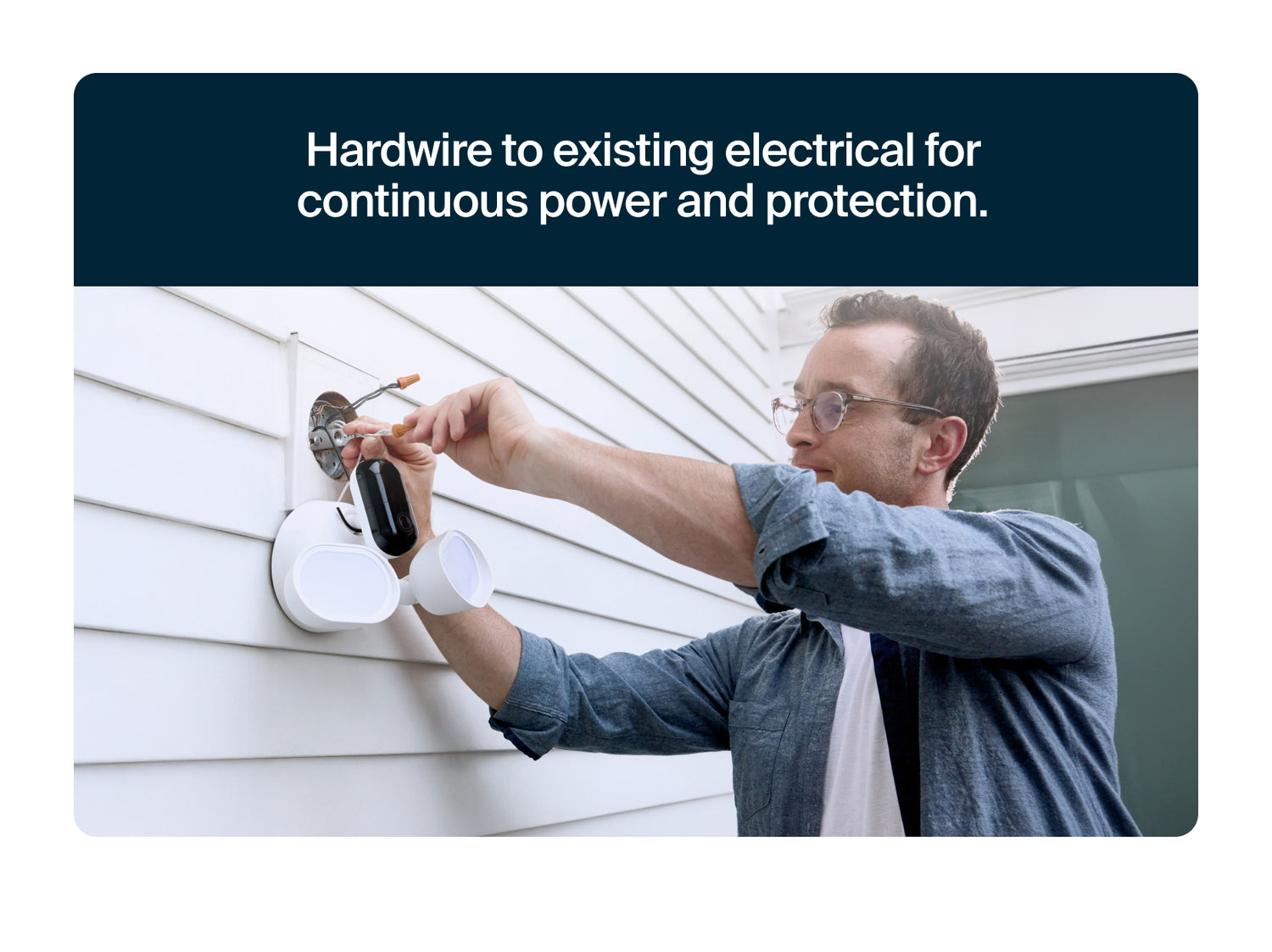 Person installing Arlo Wired Floodlight on a wall with text about continuous power and protection.