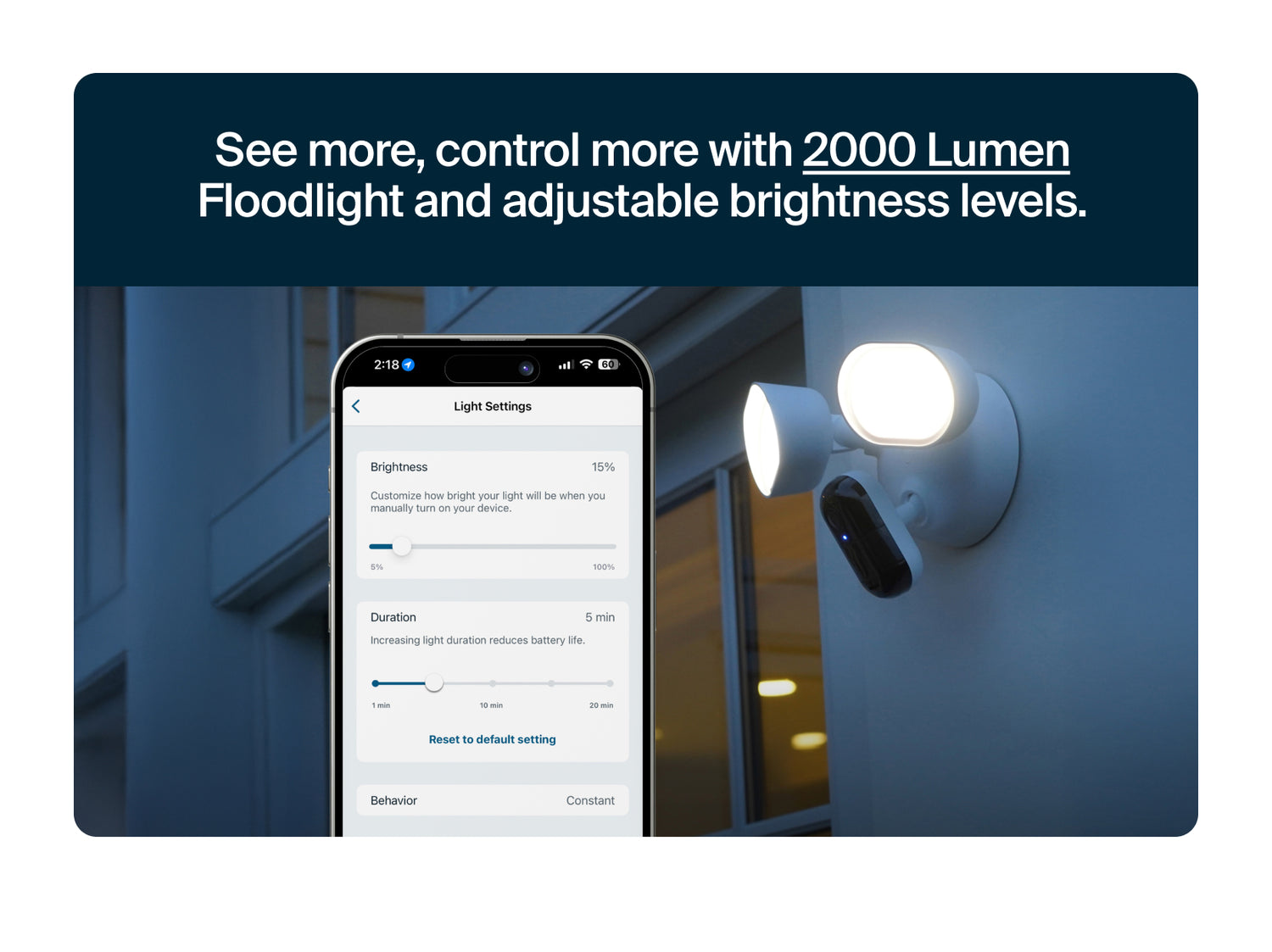 Arlo Wired Floodlight with Arlo Secure app interface on a blue background