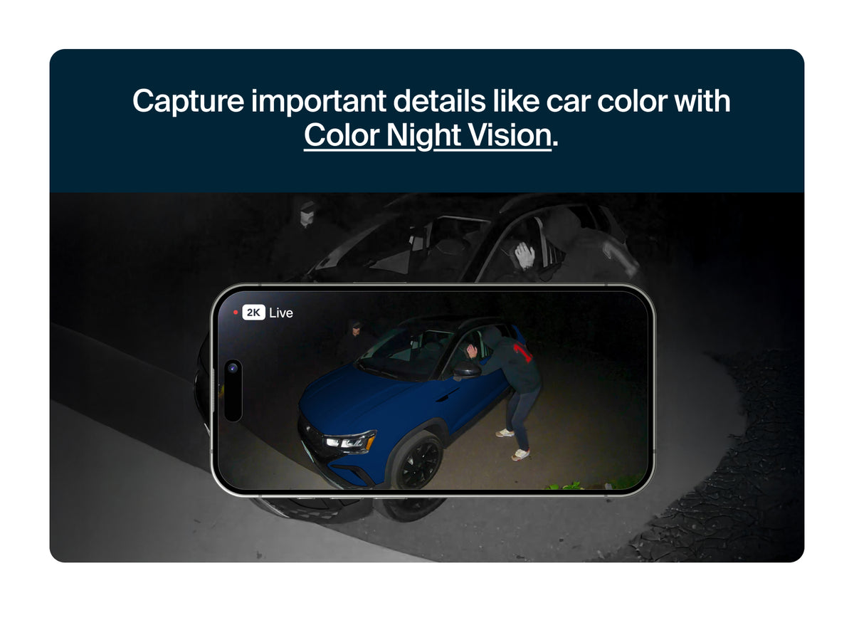 Phone screen showing a car at night with 'Color Night Vision' text above.