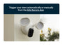 Arlo Wired Floodlight with siren on a white wall, text about Arlo Secure App.